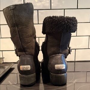 UGG Black Leather 2-Way Boots with Shearling Cuff